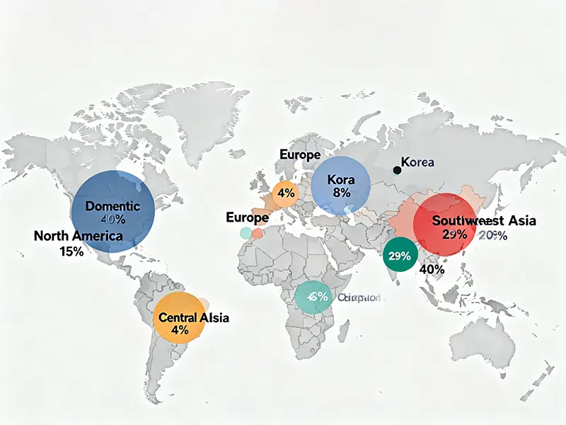 Global market distribution map showing regional percentages